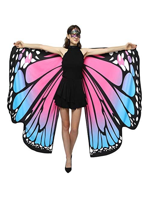 GRAJTCIN Womens Butterfly Wings Shawl Halloween Costume Double Sided Monarch Fairy Pixie Party Cape(66"x54",rose&blue)