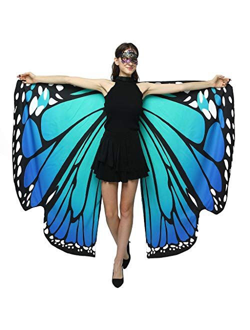 GRAJTCIN Womens Butterfly Wings Shawl Halloween Costume Double Sided Monarch Fairy Pixie Party Cape(66"x54",rose&blue)