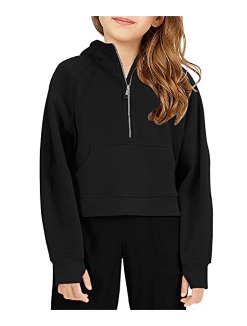 Doshoop Girls Half Ziper Collar Cropped Hoodies Long Sleeve Fleece Zip Up Pullover Sweatshirts