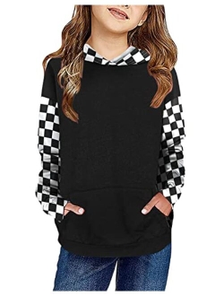 Kimoda Kids Girls Hoodies Sweatshirts Casual Color Block Plaid Hooded Pullover Long Sleeve Tops Outfits 6-14 Years Old