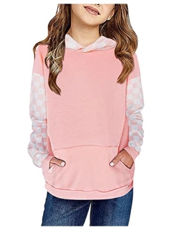 Kimoda Kids Girls Hoodies Sweatshirts Casual Color Block Plaid Hooded Pullover Long Sleeve Tops Outfits 6-14 Years Old