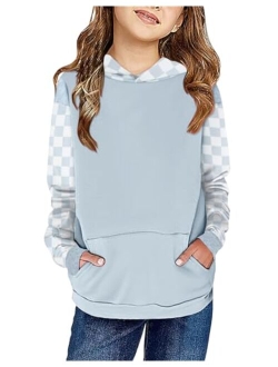 Kimoda Kids Girls Hoodies Sweatshirts Casual Color Block Plaid Hooded Pullover Long Sleeve Tops Outfits 6-14 Years Old