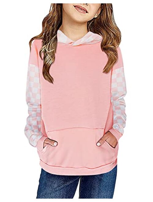 Kimoda Kids Girls Hoodies Sweatshirts Casual Color Block Plaid Hooded Pullover Long Sleeve Tops Outfits 6-14 Years Old