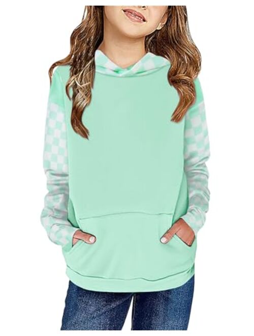 Kimoda Kids Girls Hoodies Sweatshirts Casual Color Block Plaid Hooded Pullover Long Sleeve Tops Outfits 6-14 Years Old