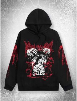 Goth Guys Skull Print Drawstring Hoodie