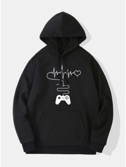 Men Gamepad And Heart Print Kangaroo Pocket Drawstring Thermal Hoodie