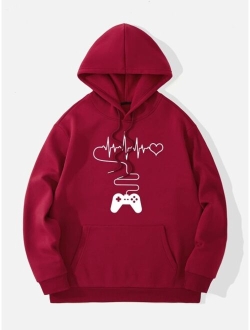 Men Gamepad And Heart Print Kangaroo Pocket Drawstring Thermal Hoodie