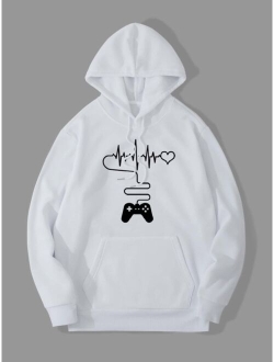 Men Gamepad And Heart Print Kangaroo Pocket Drawstring Thermal Hoodie