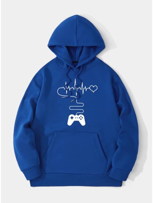 Men Gamepad And Heart Print Kangaroo Pocket Drawstring Thermal Hoodie