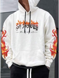 Manfinity EMRG Men Fire Letter Graphic Kangaroo Pocket Drawstring Hoodie