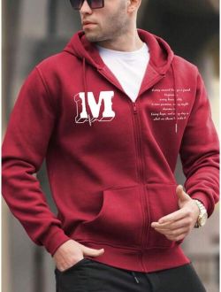 Manfinity Hypemode Men Slogan Graphic Zip Up Drawstring Thermal Lined Hoodie