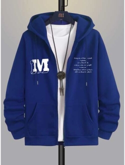 Manfinity Hypemode Men Slogan Graphic Zip Up Drawstring Thermal Lined Hoodie