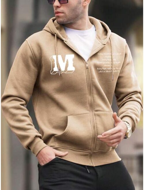 Manfinity Hypemode Men Slogan Graphic Zip Up Drawstring Thermal Lined Hoodie