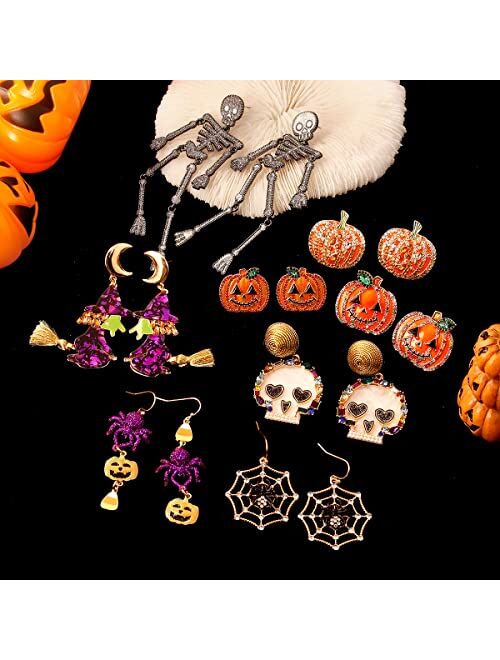 Muyan Halloween Earrings for Women, Funny Pumpkin Skeleton Skull Spider Web Witch Halloween Themed Drop Earrings Halloween Thanksgiving Gifts for Women