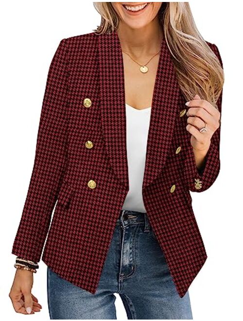 CRAZY GRID Womens Casual Blazer Jacket Gold Button Long Sleeve Work 0ffice Blazer Lapel Open Front Jacket