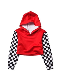 Perfashion Kids Girls Leather Plaid Long Sleeve Crop Top Hoddie Cropped Sweatershirts