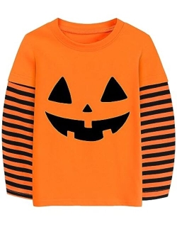 CM-Kid Halloween Shirt for Toddler Boy Girl Pumpkin Skeleton Ghost Dino Stripe Long Sleeve Tops for Kids 2-7 Years