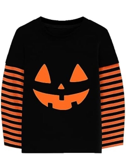 CM-Kid Halloween Shirt for Toddler Boy Girl Pumpkin Skeleton Ghost Dino Stripe Long Sleeve Tops for Kids 2-7 Years