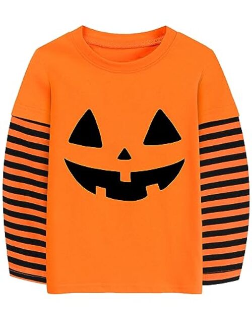 CM-Kid Halloween Shirt for Toddler Boy Girl Pumpkin Skeleton Ghost Dino Stripe Long Sleeve Tops for Kids 2-7 Years