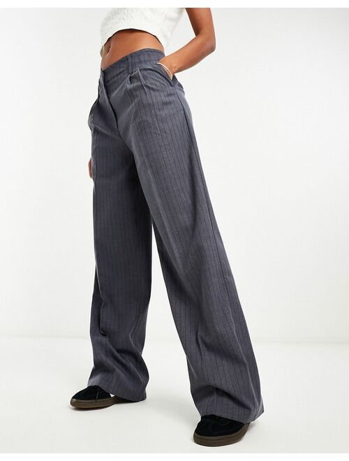 Bershka double waistband wide leg tailored pants in gray pinstripe