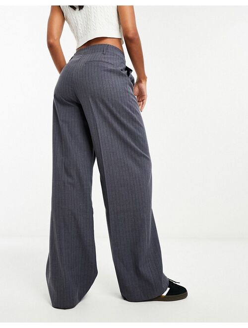 Bershka double waistband wide leg tailored pants in gray pinstripe