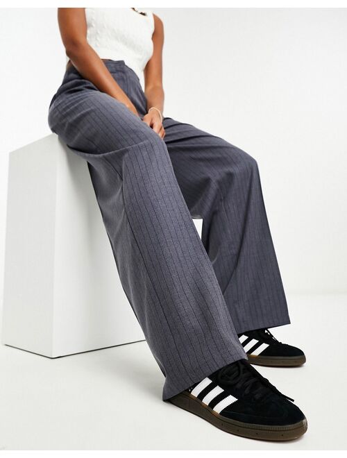 Bershka double waistband wide leg tailored pants in gray pinstripe