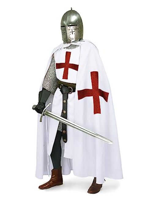 Beotyshow Medieval Templar Knight Cloak White Cape Halloween Costume Renaissance Hooded Robe for Adults Men Women