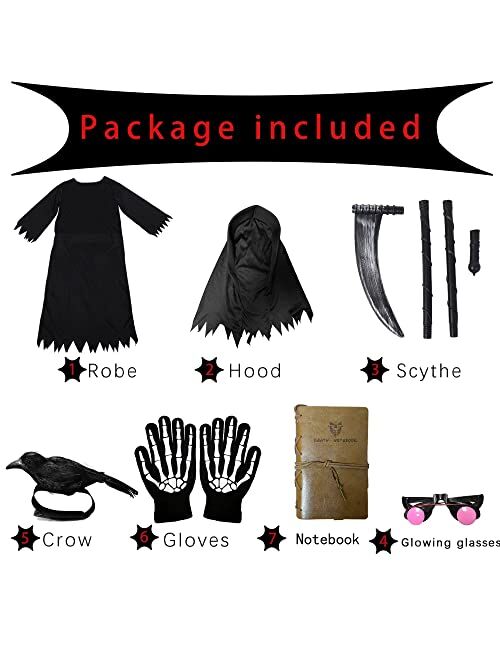 longpo Halloween Costumes for Boys Grim Reaper Costume Kids Set Scary Ghost Cosplay Outfit Halloween Party Favors Gifts