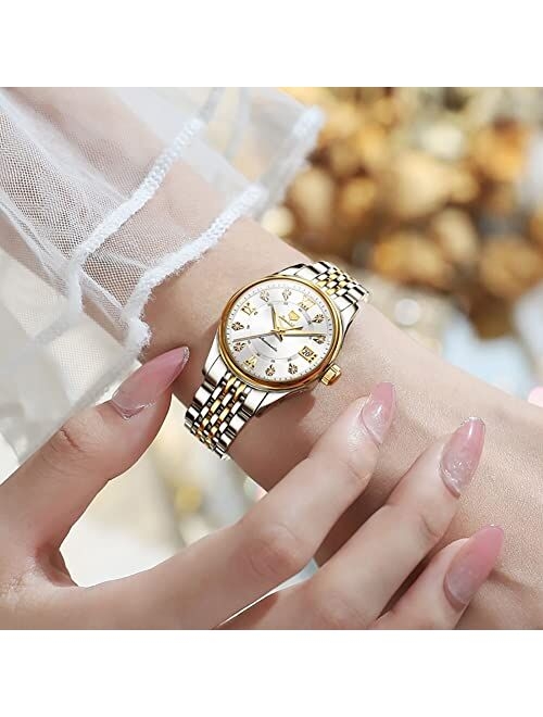 OLEVS Automatic Watches for Women Mechanical Self Winding Luxury Dress Diamond Dial Stainless Steel Strap Waterproof Luminous Date Ladies Watches