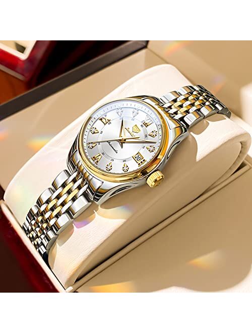 OLEVS Automatic Watches for Women Mechanical Self Winding Luxury Dress Diamond Dial Stainless Steel Strap Waterproof Luminous Date Ladies Watches