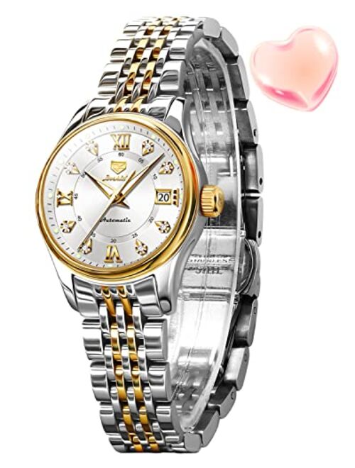 OLEVS Automatic Watches for Women Mechanical Self Winding Luxury Dress Diamond Dial Stainless Steel Strap Waterproof Luminous Date Ladies Watches