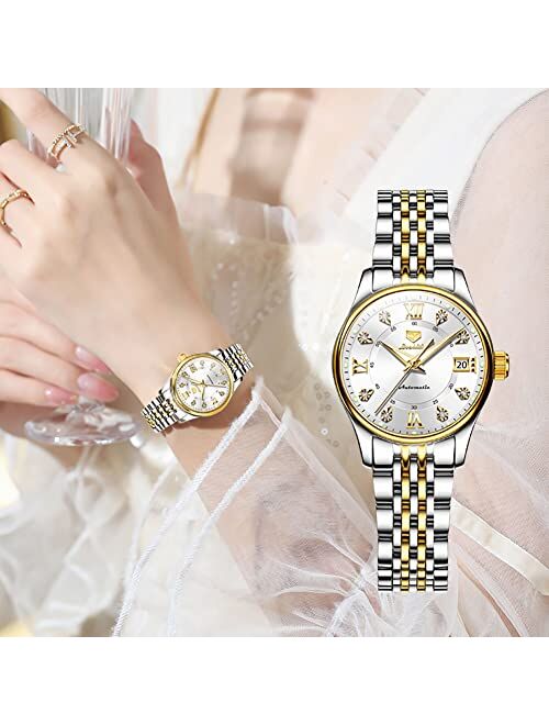 OLEVS Automatic Watches for Women Mechanical Self Winding Luxury Dress Diamond Dial Stainless Steel Strap Waterproof Luminous Date Ladies Watches