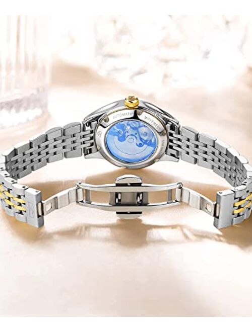 OLEVS Automatic Watches for Women Mechanical Self Winding Luxury Dress Diamond Dial Stainless Steel Strap Waterproof Luminous Date Ladies Watches