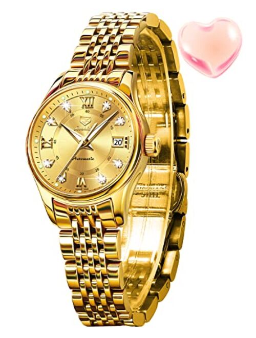 OLEVS Automatic Watches for Women Mechanical Self Winding Luxury Dress Diamond Dial Stainless Steel Strap Waterproof Luminous Date Ladies Watches