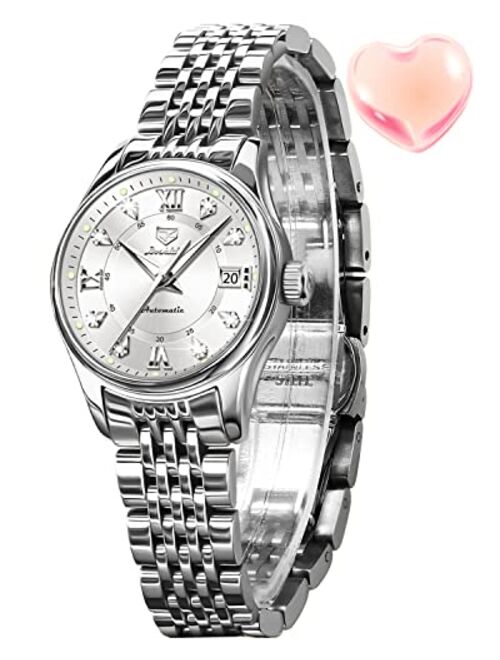 OLEVS Automatic Watches for Women Mechanical Self Winding Luxury Dress Diamond Dial Stainless Steel Strap Waterproof Luminous Date Ladies Watches