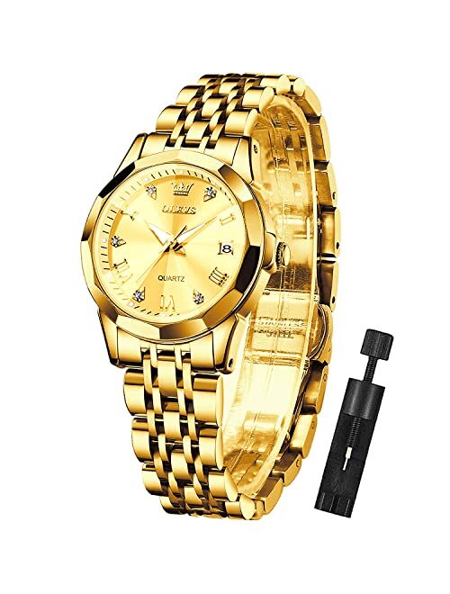 OLEVS Womens Watch Fashion Dress Diamond Female Watches for Ladies Analog Quartz Stainless Steel Waterproof Luminous Day Date Two Tone Wristwatch