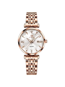 Rose Gold Watches for Women, Stainless Steel Band, Quartz Small Face Waterproof Watches, Fashion Luxury Classic Wrist Watch with Date, Ladies Diamonds Watch Red/Blu