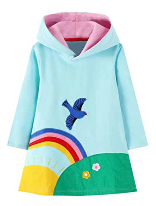 HILEELANG Girls Hooded Dress Winter Warm Fleece Long Sleeve Cotton Casual Hood kangaroo pocket Sweatshirt Dress 2-12 Years