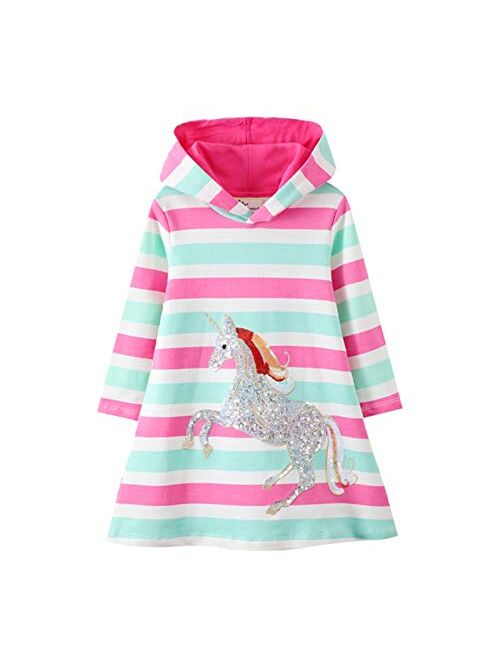 HILEELANG Girls Hooded Dress Winter Warm Fleece Long Sleeve Cotton Casual Hood kangaroo pocket Sweatshirt Dress 2-12 Years