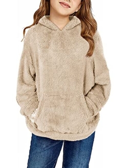 Haloumoning Girls Fuzzy Fleece Pullover Hoodies Sweatshirt Casual Loose Outwear Coat with Pockets 4-15 Years