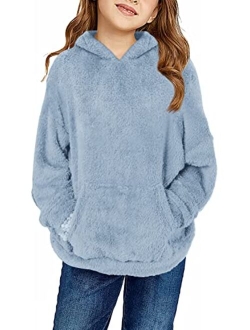 Haloumoning Girls Fuzzy Fleece Pullover Hoodies Sweatshirt Casual Loose Outwear Coat with Pockets 4-15 Years
