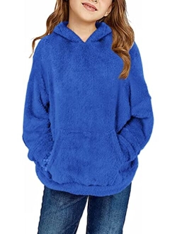 Haloumoning Girls Fuzzy Fleece Pullover Hoodies Sweatshirt Casual Loose Outwear Coat with Pockets 4-15 Years