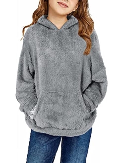 Haloumoning Girls Fuzzy Fleece Pullover Hoodies Sweatshirt Casual Loose Outwear Coat with Pockets 4-15 Years