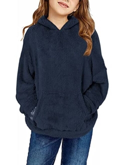 Haloumoning Girls Fuzzy Fleece Pullover Hoodies Sweatshirt Casual Loose Outwear Coat with Pockets 4-15 Years