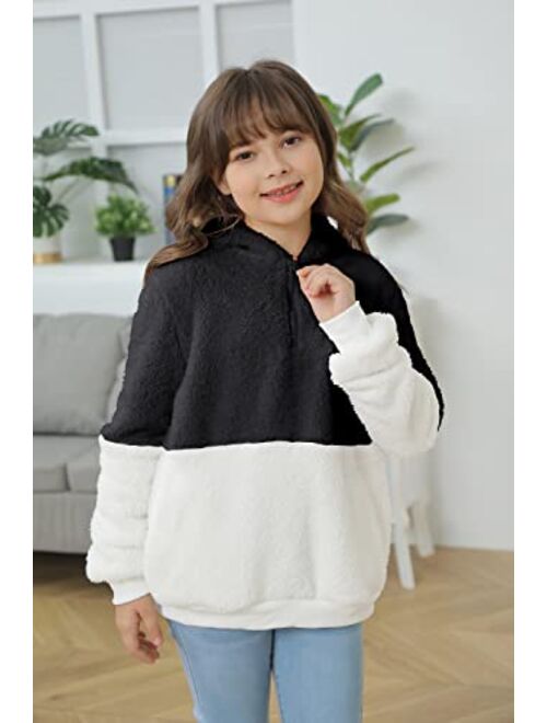 Haloumoning Girls Fuzzy Fleece Pullover Hoodies Sweatshirt Casual Loose Outwear Coat with Pockets 4-15 Years