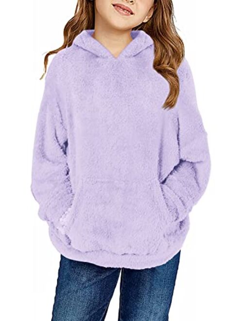 Haloumoning Girls Fuzzy Fleece Pullover Hoodies Sweatshirt Casual Loose Outwear Coat with Pockets 4-15 Years