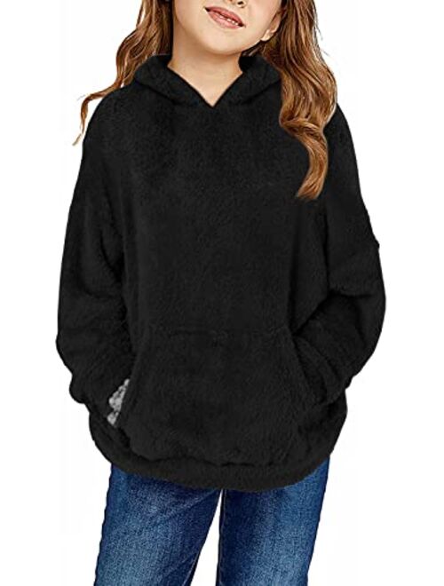 Haloumoning Girls Fuzzy Fleece Pullover Hoodies Sweatshirt Casual Loose Outwear Coat with Pockets 4-15 Years