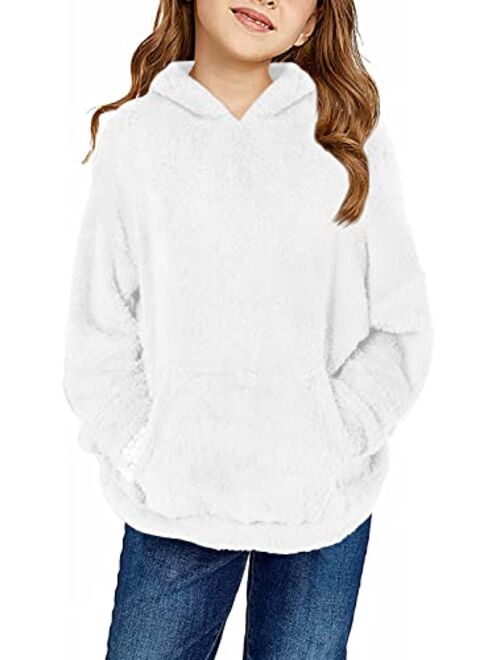 Haloumoning Girls Fuzzy Fleece Pullover Hoodies Sweatshirt Casual Loose Outwear Coat with Pockets 4-15 Years