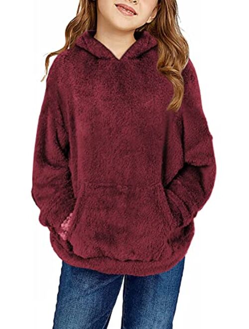 Haloumoning Girls Fuzzy Fleece Pullover Hoodies Sweatshirt Casual Loose Outwear Coat with Pockets 4-15 Years