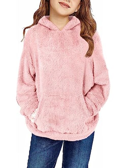 Haloumoning Girls Fuzzy Fleece Pullover Hoodies Sweatshirt Casual Loose Outwear Coat with Pockets 4-15 Years